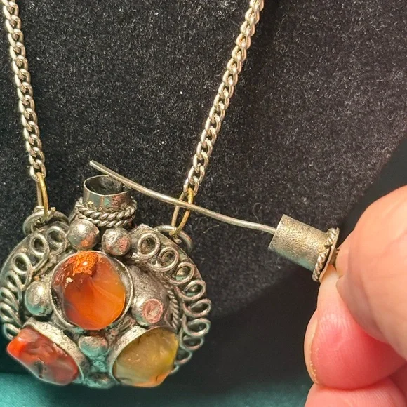 Elegant Perfume Bottle Snuff Silver Tone Pendant with Amber and Yellow Stones - Picture 3 of 6